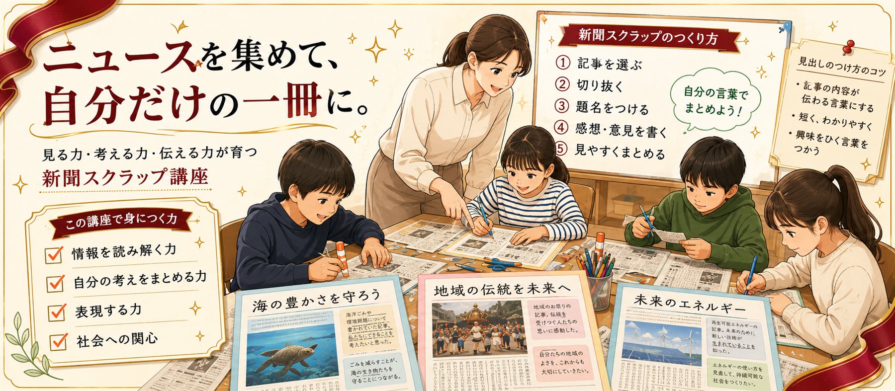 イラスト: 新聞スクラップ講座の様子。「新聞スクラップのつくり方」として、記事を選ぶ・切り抜く・題名をつける・感想や意見を書く・見やすくまとめる、の5つの手順が示され、子どもたちが新聞を切り抜いて作品にまとめている。