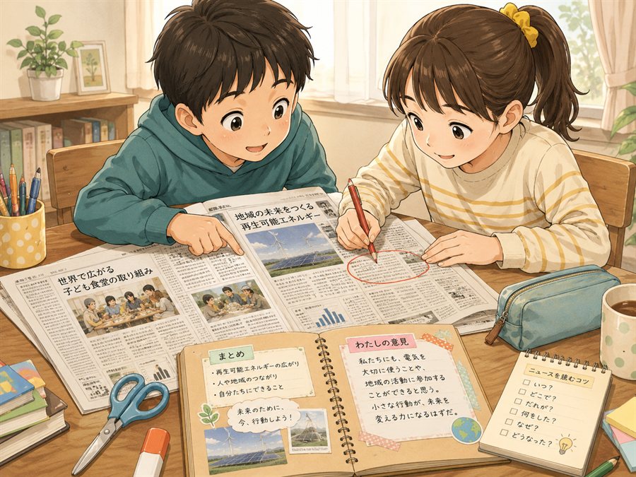 イラスト: 新聞の記事に赤鉛筆で印をつけ、スクラップ帳に要約と意見をまとめる小学生