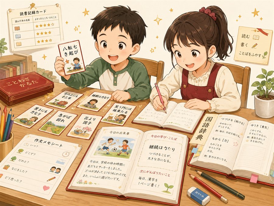 イラスト: ことわざカルタを手に、日記や作文メモシート、国語辞典を広げて学ぶ小学生
