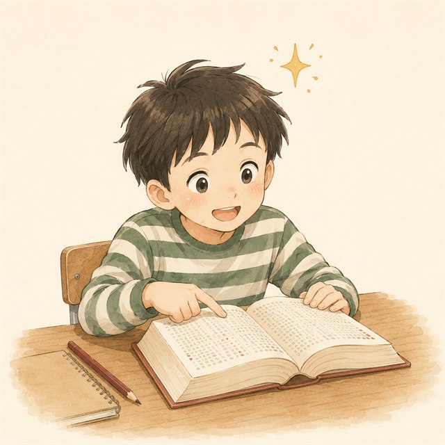 イラスト: 国語辞典を開いて、見つけた言葉を指さす小学生