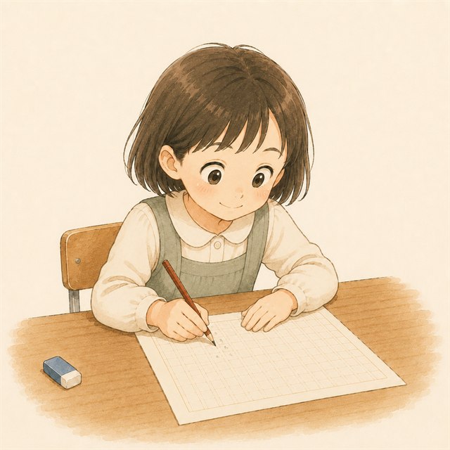 イラスト: 原稿用紙に鉛筆で短い文を書く小学生