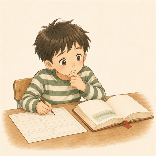イラスト: 読んだ本を横に置いて、読書シートに書き込む小学生