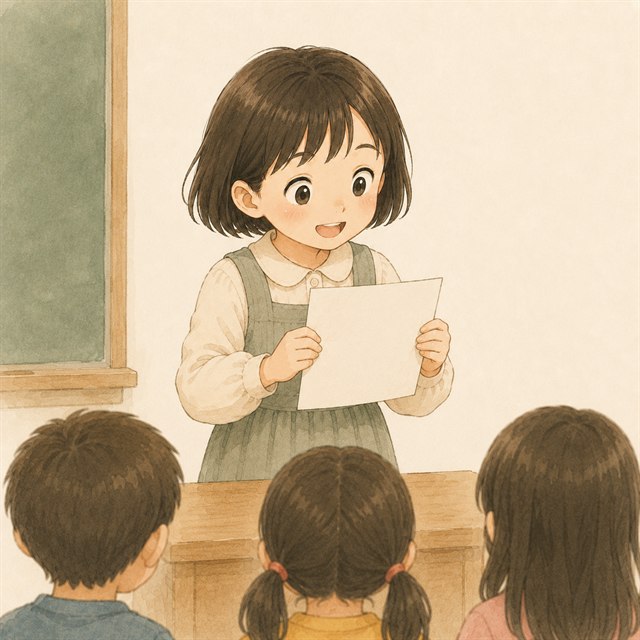 イラスト: 教室の前に立ち、紙を手に発表する小学生